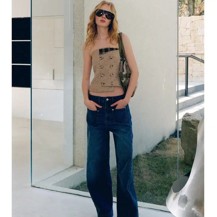 [BUNJANG] Deleteex Tweed Wool Double Breasted Off-Shoulder Tube Top / Deleteex 트위드 울 더블 브레스트 오프숄더 튜브탑