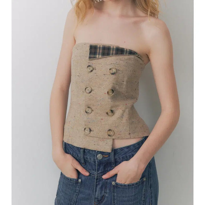 [BUNJANG] Deleteex Tweed Wool Double Breasted Off-Shoulder Tube Top / Deleteex 트위드 울 더블 브레스트 오프숄더 튜브탑