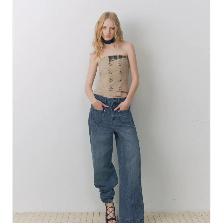 [BUNJANG] Deleteex Tweed Wool Double Breasted Off-Shoulder Tube Top / Deleteex 트위드 울 더블 브레스트 오프숄더 튜브탑