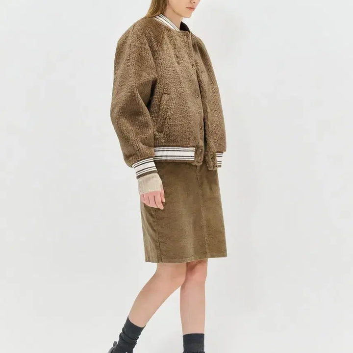 [BUNJANG] General Idea Cozy Brown Varsity Fur Jacket M / 제너럴아이디어 코지 브라운 바시티 퍼 야구 점퍼 자켓 M 새상품