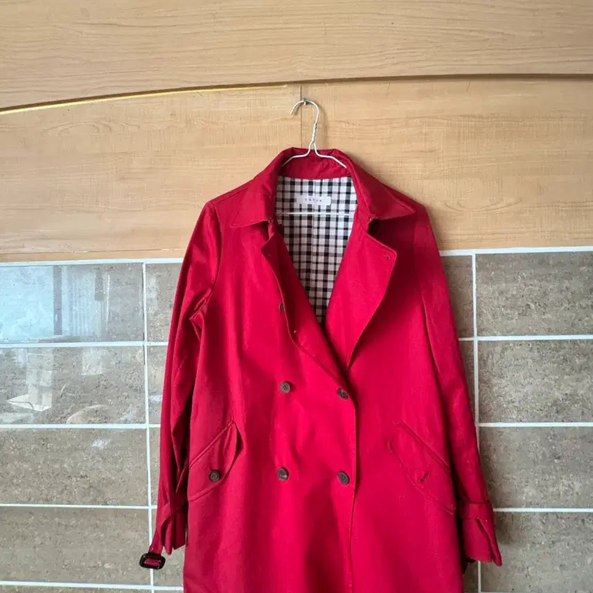 [BUNJANG] Red Check Lined Coat / 빨강색 체크 안감 코트
