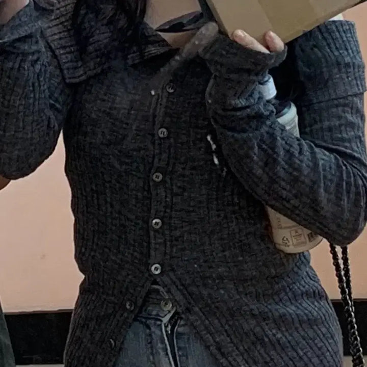 [BUNJANG] Gray Button Long Sleeve Off-shoulder Top / 그레이 단추 긴팔 오프숄더(착용샷 O)