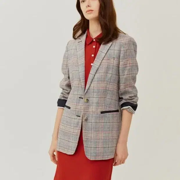 [BUNJANG] Hazzys Ladies Check Linen Blazer Jacket / 헤지스 레이디스 체크 린넨 블레이저 자켓 95