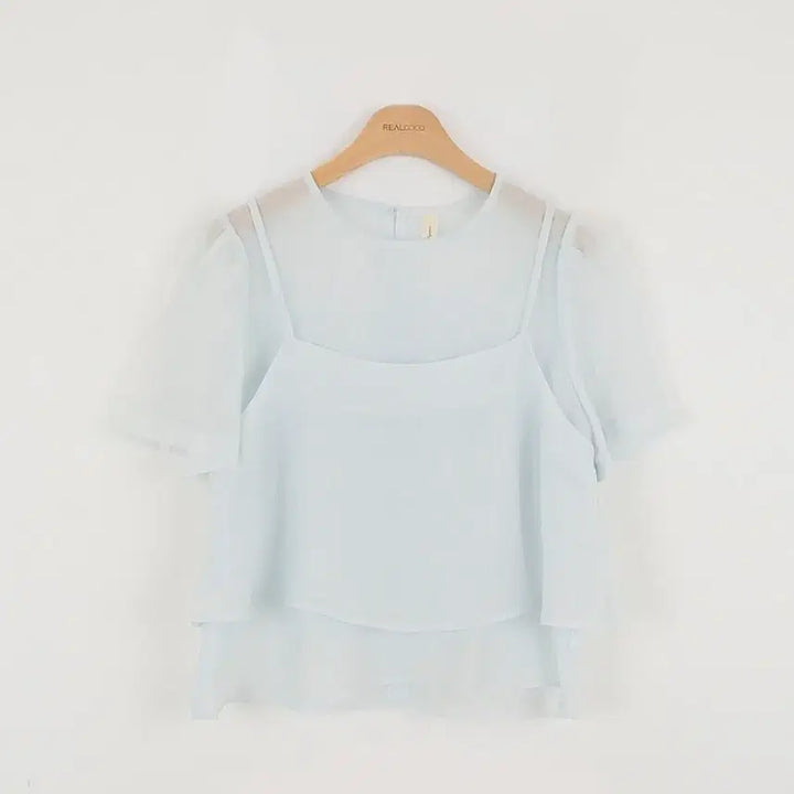 [BUNJANG] Realcoco Plot Blouse Sky Blue Short Sleeve / 리얼코코 메이드 플롯 블라우스 스카이블루 반팔 프리