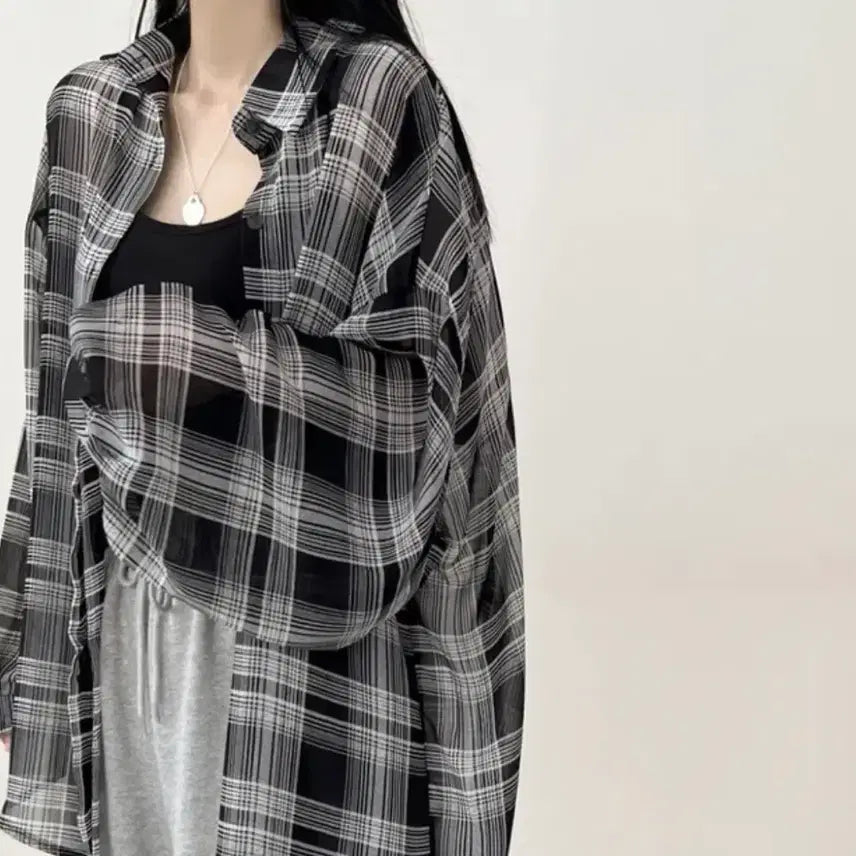 [BUNJANG] See-Through Checkered Blouse Long Sleeve / 시스루 체크 셔츠 블라우스 긴팔