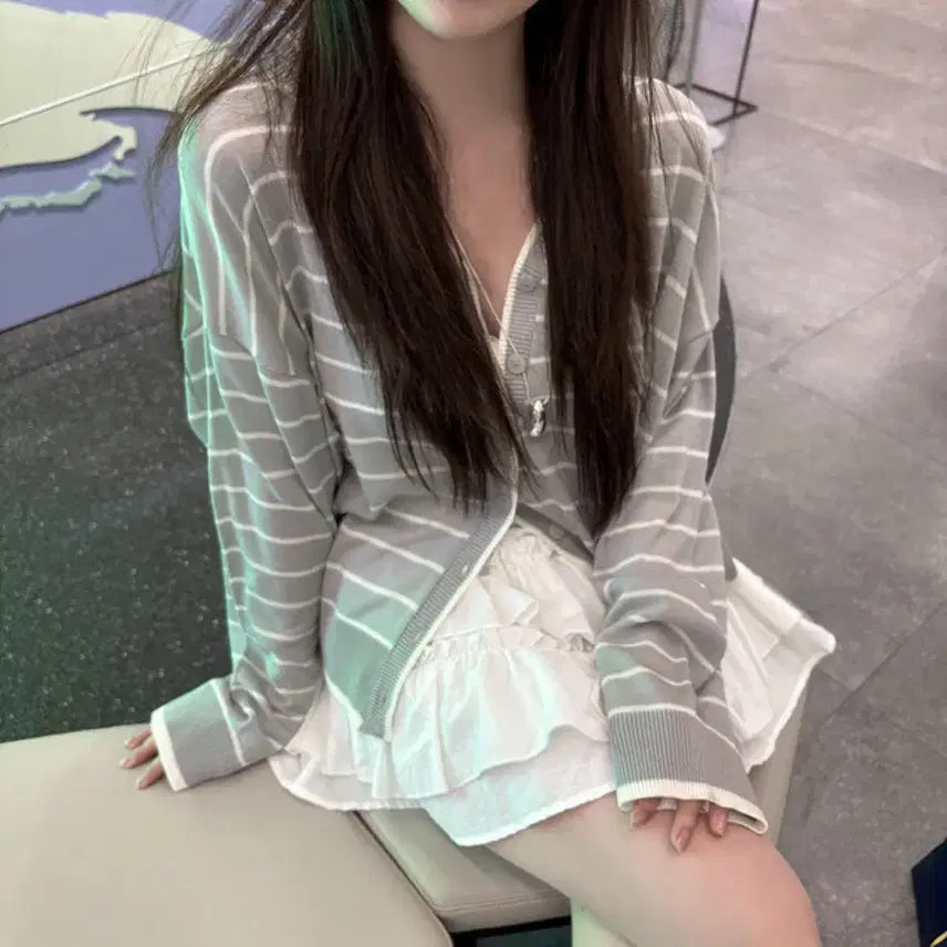 [BUNJANG] Momented Summer Stripe V-Neck Knit Cardigan / 크림치즈마켓 모먼티드 썸머 스트라이프 브이넥 니트 가디건