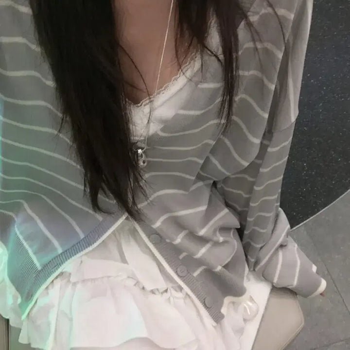 [BUNJANG] Momented Summer Stripe V-Neck Knit Cardigan / 크림치즈마켓 모먼티드 썸머 스트라이프 브이넥 니트 가디건