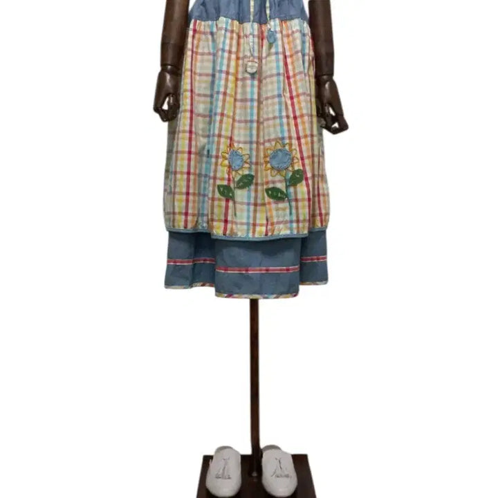 [BUNJANG] Denim Check Embroidered Midi Skirt / 데님 체크 배색 자수 스커트