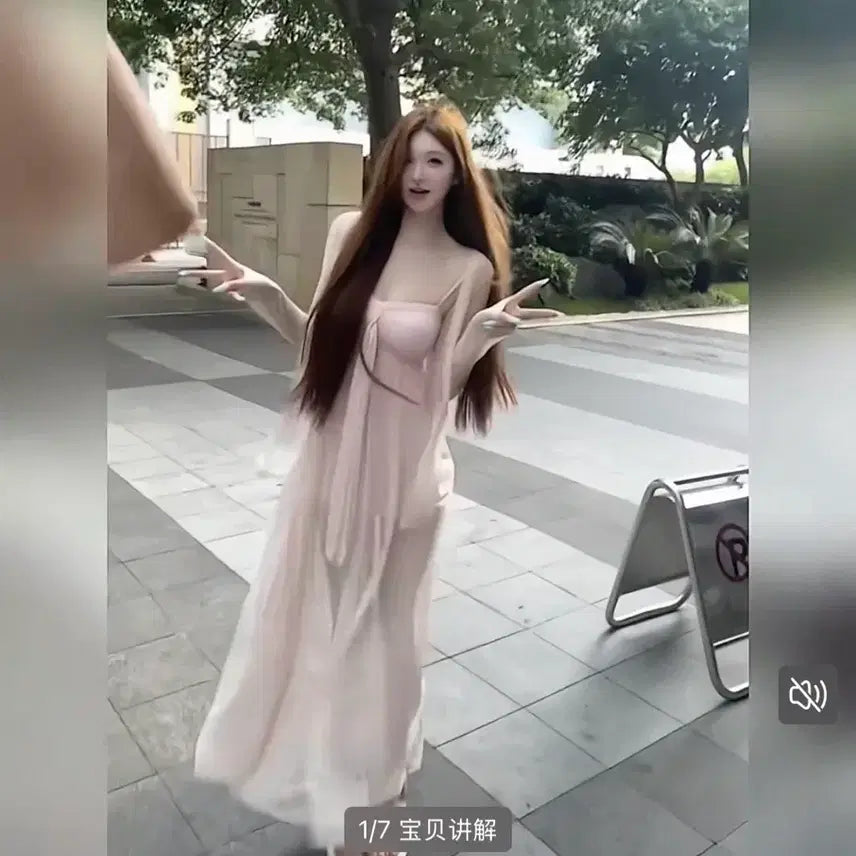 [BUNJANG] Pink Chiffon Long Dress and Cardigan Set / 핑크 쉬폰 롱 원피스 + 가디건 세트 휴양지룩