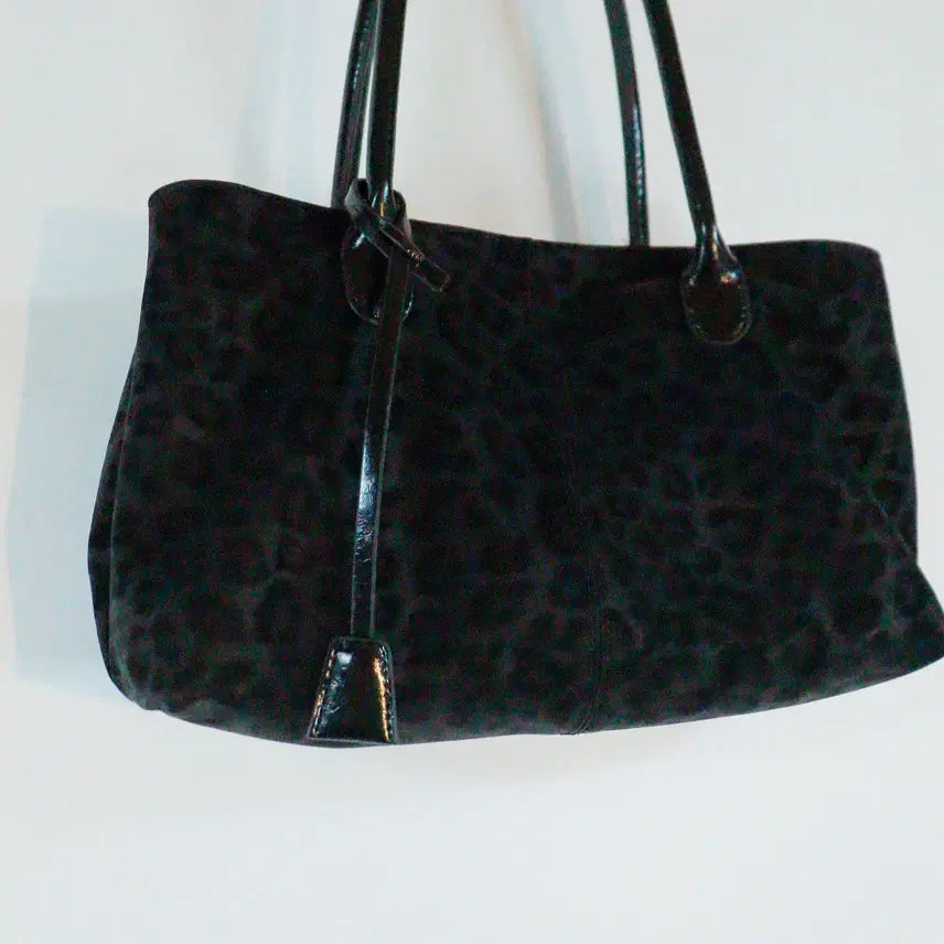 [BUNJANG] No Brand Leopard Print Suede Tote Bag / 블랙 레오파드 세무느낌 백