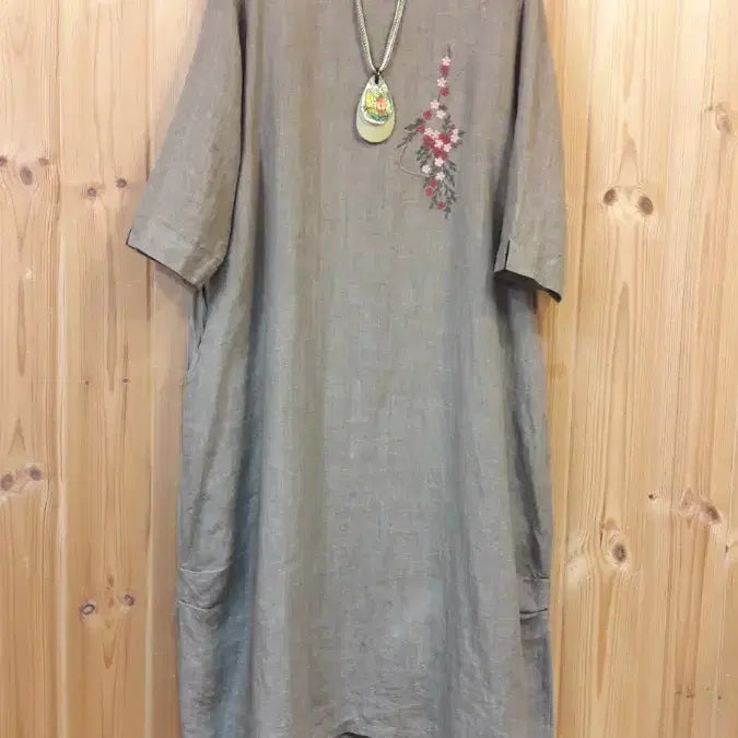 [BUNJANG] Natural Dye Embroidered Linen Long Dress / *천연염색 자수 린넨 롱 원피스     ( 새 상 품 )