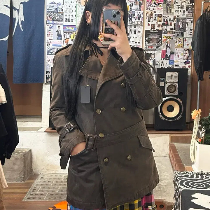 [BUNJANG] JPN Brown Belted Double Button Coat / JPN 브라운 벨티드 더블 버튼 코트