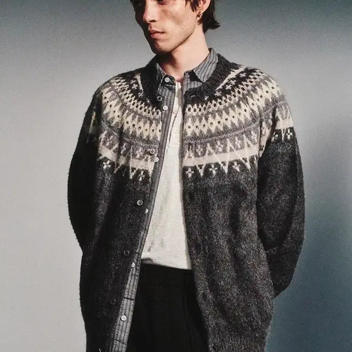 [BUNJANG] Artifcts Fair Isle Mohair Cardigan - Gray / [XL] 아트이프액츠 페어아일 모헤어 가디건 그레이