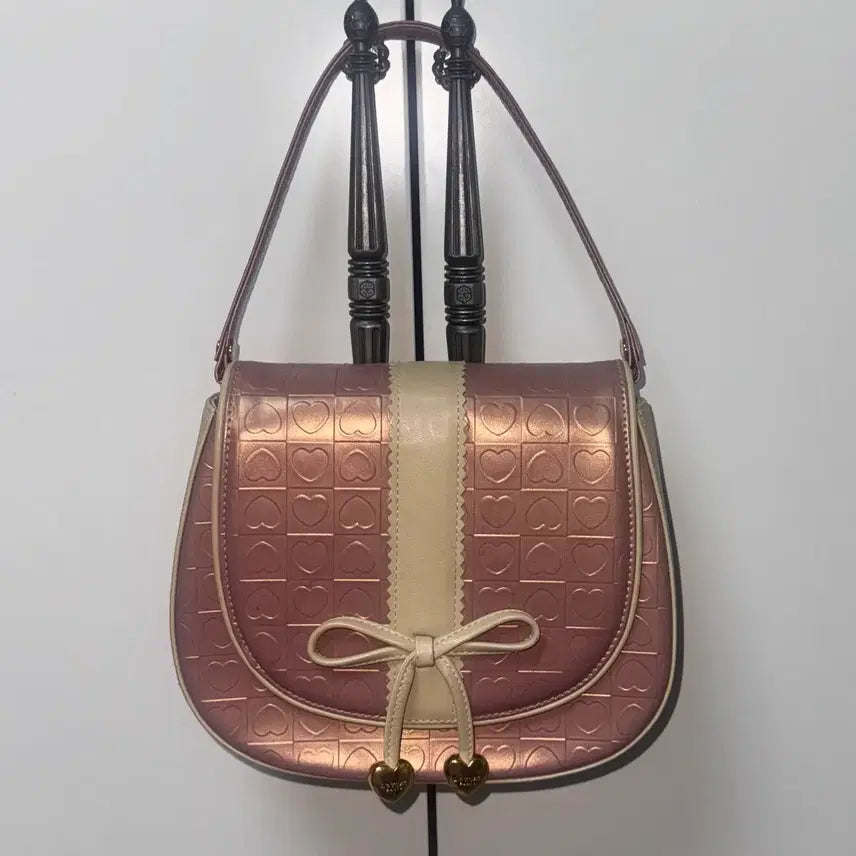 [BUNJANG] Lovecat Y2k Pink Heart Pattern Ribbon Shoulder Bag / Y2k 러브캣 핑크 하트 패턴 리본 숄더백 하이틴 가방