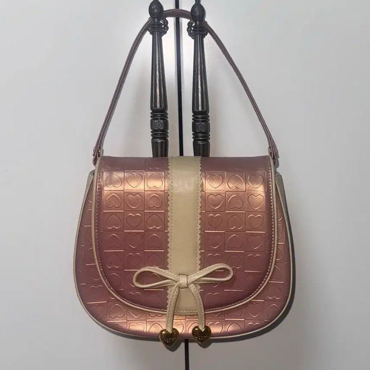 [BUNJANG] Lovecat Y2k Pink Heart Pattern Ribbon Shoulder Bag / Y2k 러브캣 핑크 하트 패턴 리본 숄더백 하이틴 가방