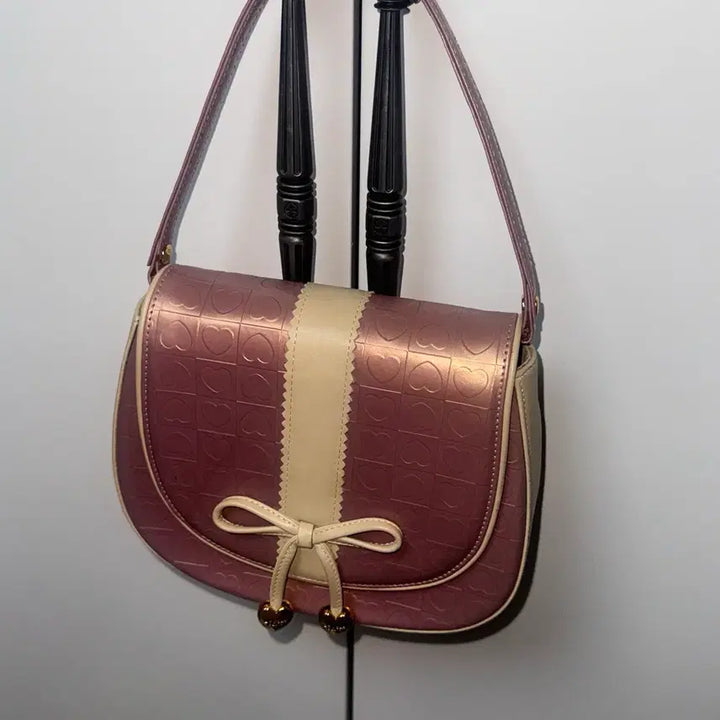 [BUNJANG] Lovecat Y2k Pink Heart Pattern Ribbon Shoulder Bag / Y2k 러브캣 핑크 하트 패턴 리본 숄더백 하이틴 가방