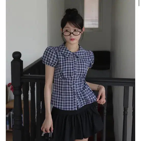 [BUNJANG] Checkered Round Collar Puff Blouse / 체크 라운드 카라 퍼프 블라우스