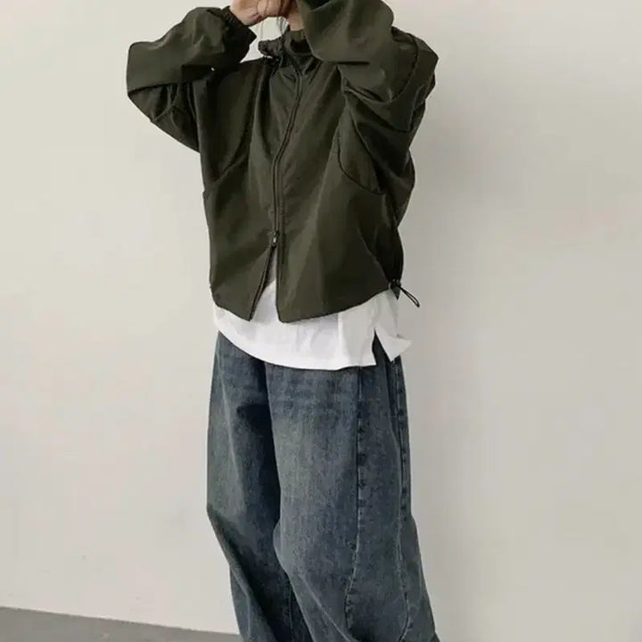 [SOLD OUT] 카키 후드 바람막이 집업 고프코어