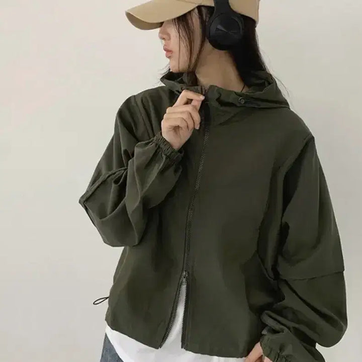 [SOLD OUT] 카키 후드 바람막이 집업 고프코어