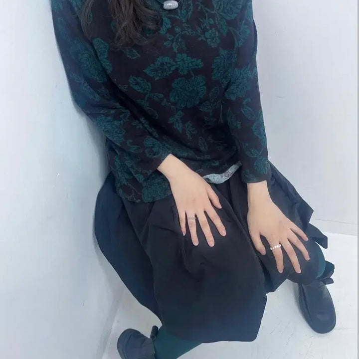 [BUNJANG] Vintage Dark Green Floral Long Sleeve Tee / 빈티지 다크그린 꽃무늬 긴팔티셔츠 dark green flower tee