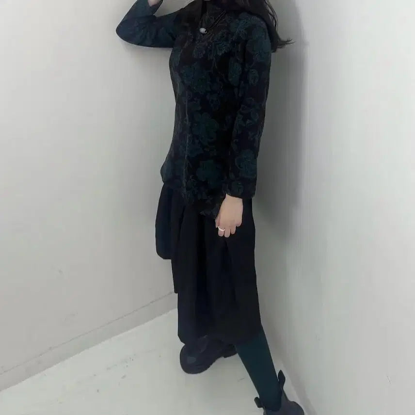 [BUNJANG] Vintage Dark Green Floral Long Sleeve Tee / 빈티지 다크그린 꽃무늬 긴팔티셔츠 dark green flower tee