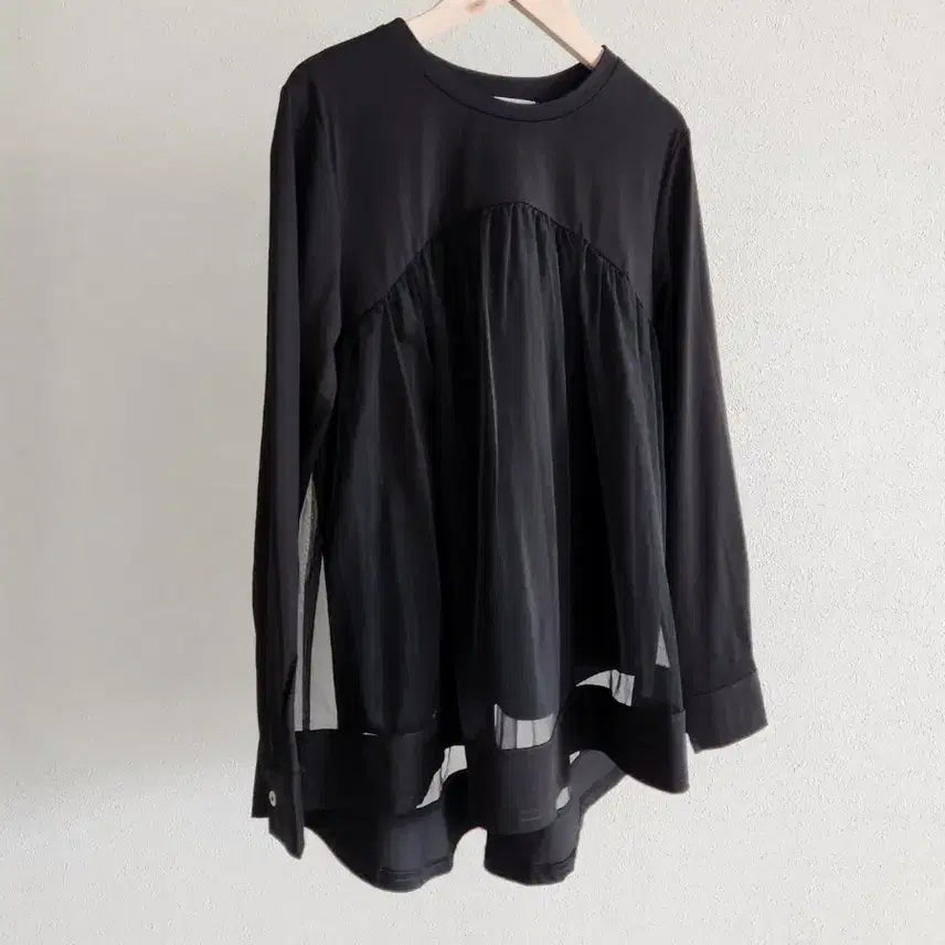 [BUNJANG] Layered Mesh T-shirt / [2컬러] 레이어드 메쉬 티셔츠 / 블랙 화이트 셔츠 레이스 망사 쉬폰
