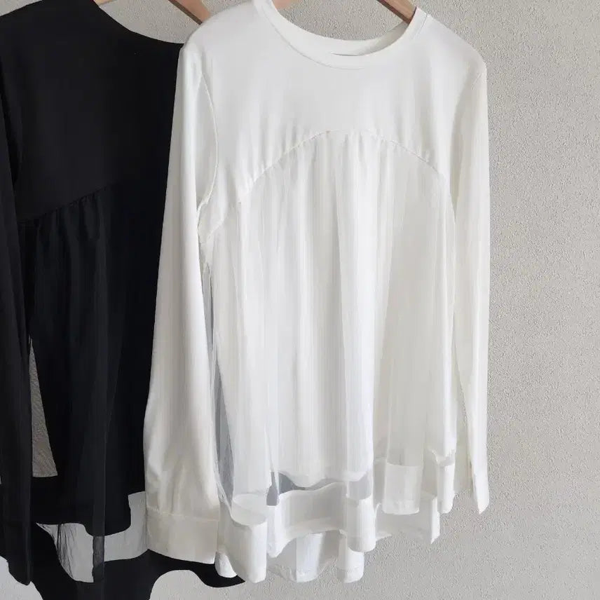 [BUNJANG] Layered Mesh T-shirt / [2컬러] 레이어드 메쉬 티셔츠 / 블랙 화이트 셔츠 레이스 망사 쉬폰
