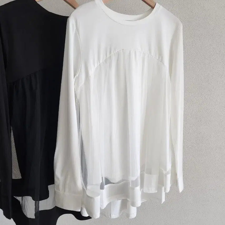 [BUNJANG] Layered Mesh T-shirt / [2컬러] 레이어드 메쉬 티셔츠 / 블랙 화이트 셔츠 레이스 망사 쉬폰