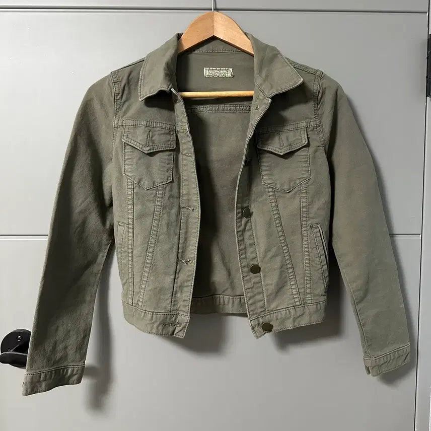 [BUNJANG] Cropped Denim Jacket - Khaki - Women's / 크롭 데님 면 자켓 카키색 여성용