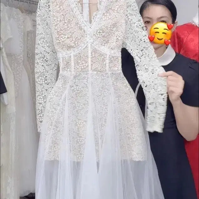 [BUNJANG] White Lace Long Dress with Tulle Skirt / 화이트 레이스 롱원피스 튤 스커트