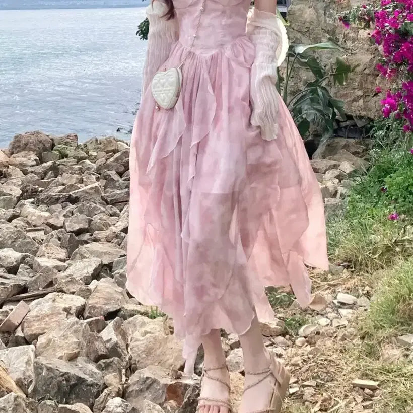 [BUNJANG] Floral Asymmetrical Dress Set / 여름 플로럴 비대칭 원피스+장신구 세트