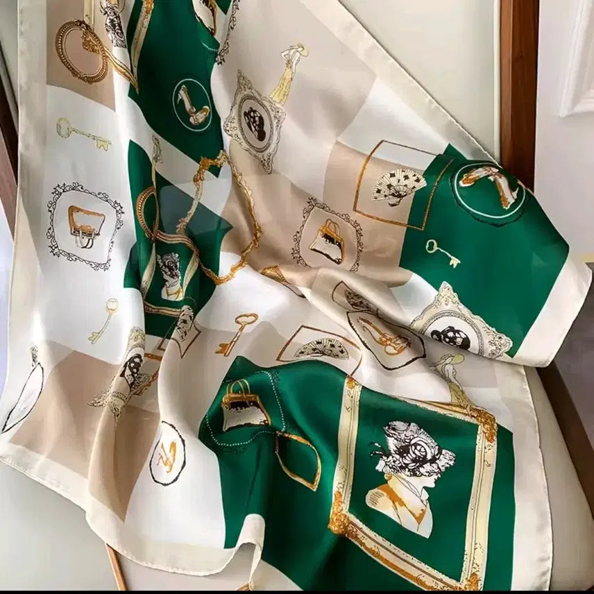 [BUNJANG] Silk Scarf Green/Ivory Pattern / 실크 스카프 그린/아이보리 패턴