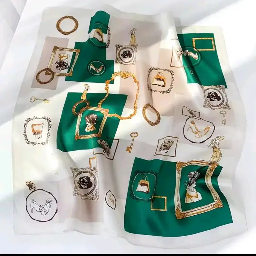 [BUNJANG] Silk Scarf Green/Ivory Pattern / 실크 스카프 그린/아이보리 패턴