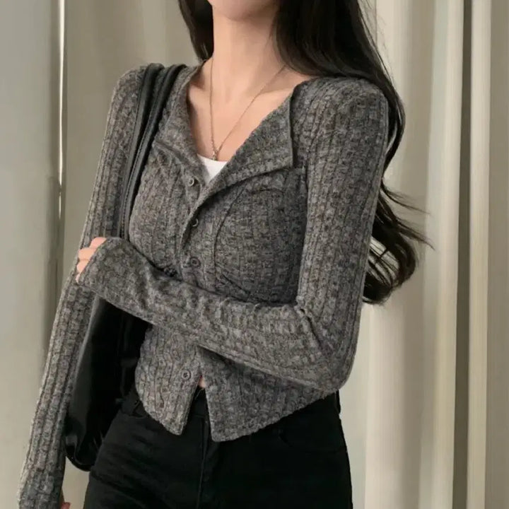 [BUNJANG] Sugar Powder Charcoal Ribbed Long Sleeve Cardigan / 여리 셔링 골지 카라 단추 긴팔 니트 가디건 판매