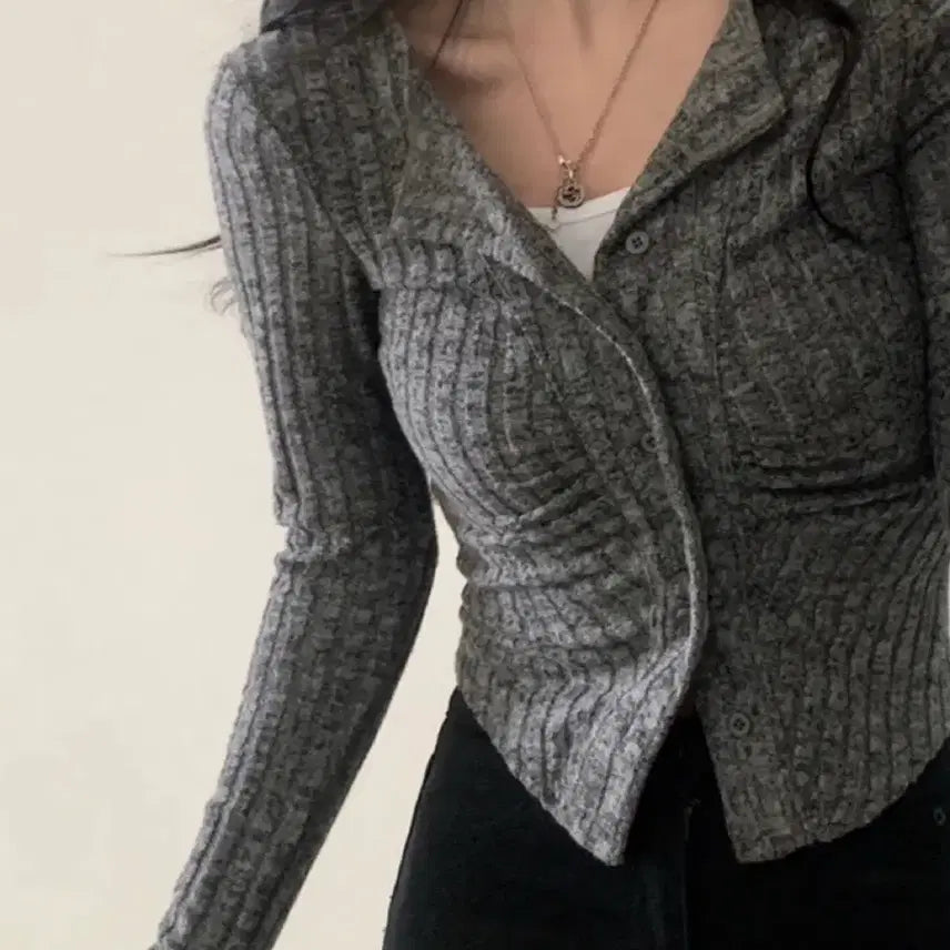 [BUNJANG] Sugar Powder Charcoal Ribbed Long Sleeve Cardigan / 여리 셔링 골지 카라 단추 긴팔 니트 가디건 판매