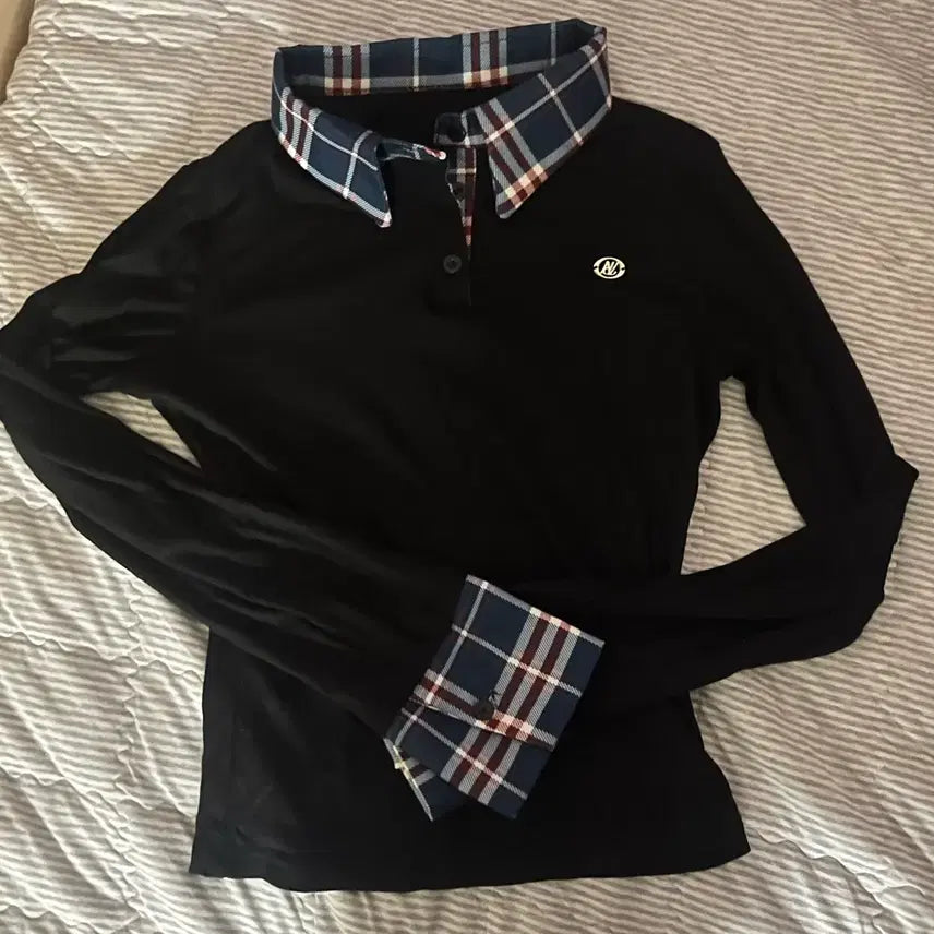 [BUNJANG] Black Check Collar Knit Top / 체크카라 일체형 니트