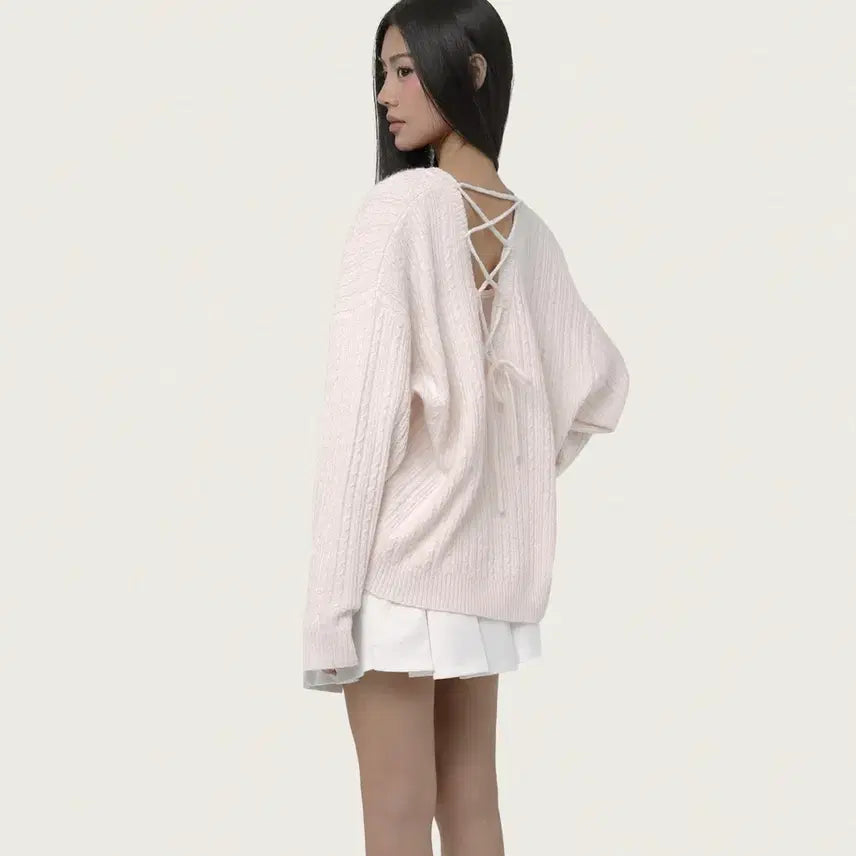 [BUNJANG] Cliche Lyric Tieback Cable Knit Sweater / 클리시어 라이릭 타이백 케이블 니트 핑크