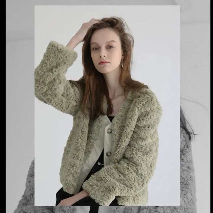 [BUNJANG] Soft Seoul Khaki Faux Fur Jacket / 소프트서울 카키 퍼자켓