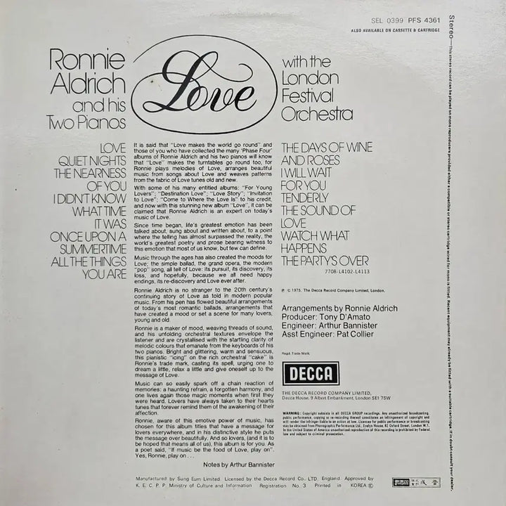 [BUNJANG] Ronnie Aldrich Love LP / 로니 알드리치 Love LP