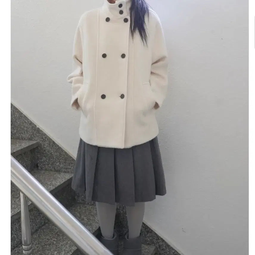 [BUNJANG] Piebbre French High Neck Double Half Coat / 피에브레 프렌치 하이넥 더블 하프 코트