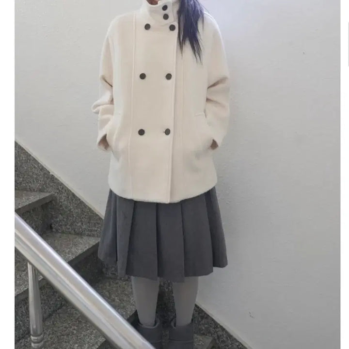 [BUNJANG] Piebbre French High Neck Double Half Coat / 피에브레 프렌치 하이넥 더블 하프 코트