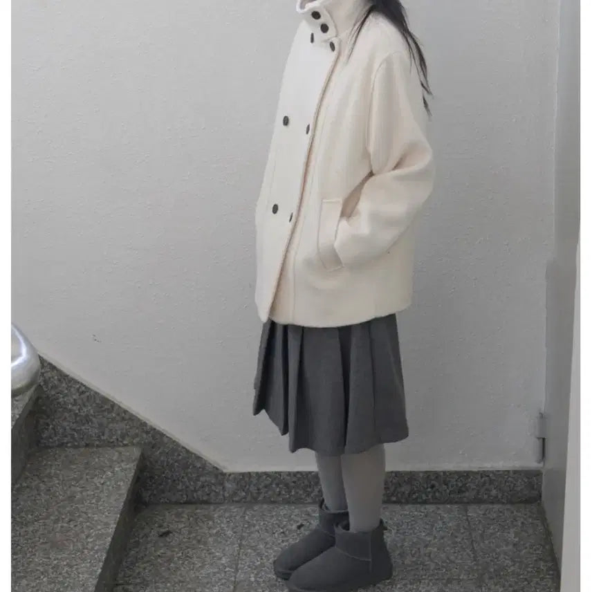 [BUNJANG] Piebbre French High Neck Double Half Coat / 피에브레 프렌치 하이넥 더블 하프 코트