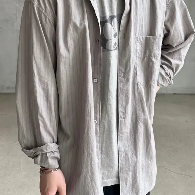 [BUNJANG] Polytelu Loose Striped Shirt Washed Gray / [4] 폴리테루 루즈드 스트라이프 셔츠 워시드 그레이
