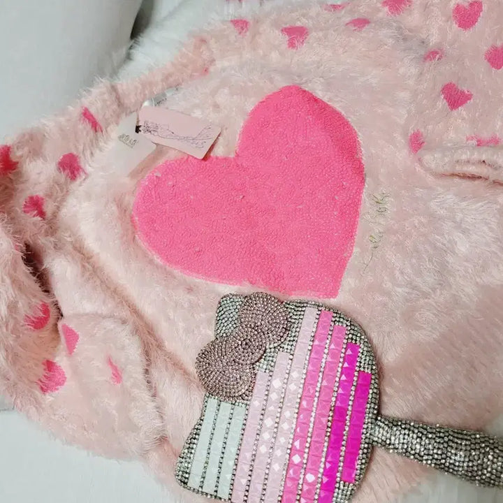 [BUNJANG] Pink Heart Fur Knit Sweater / 핑크 하트 털 니트