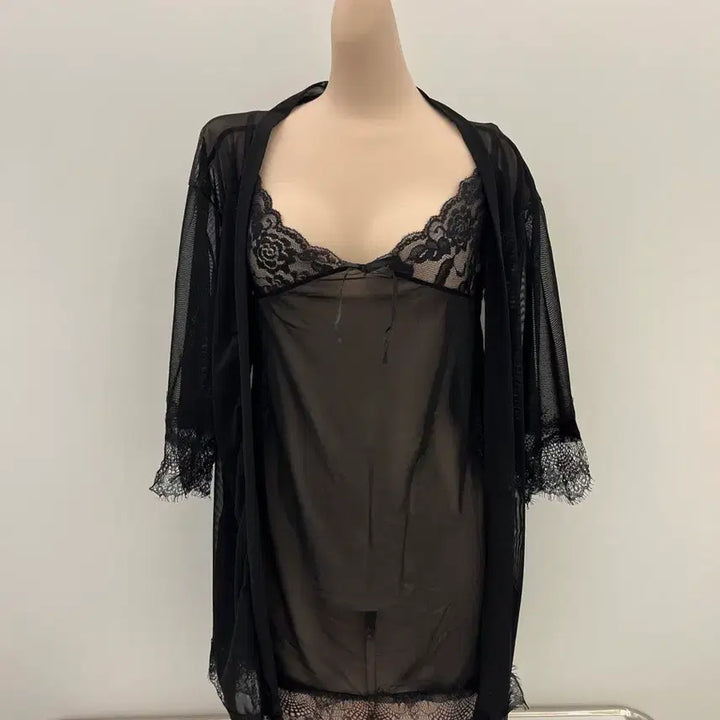 [BUNJANG] Black Lace Lingerie Gown Set / 블랙 레이스 란제리 가운 세트