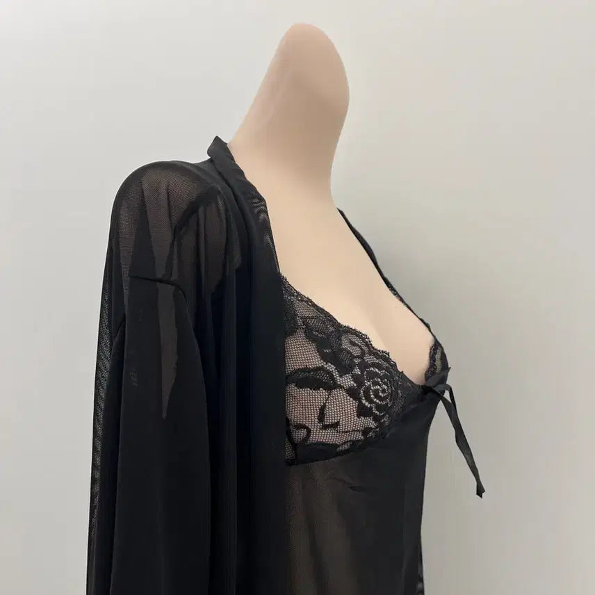 [BUNJANG] Black Lace Lingerie Gown Set / 블랙 레이스 란제리 가운 세트