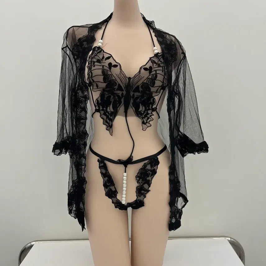[BUNJANG] Black Lace Lingerie and Robe Set / 블랙 레이스 란제리 + 로브 세트