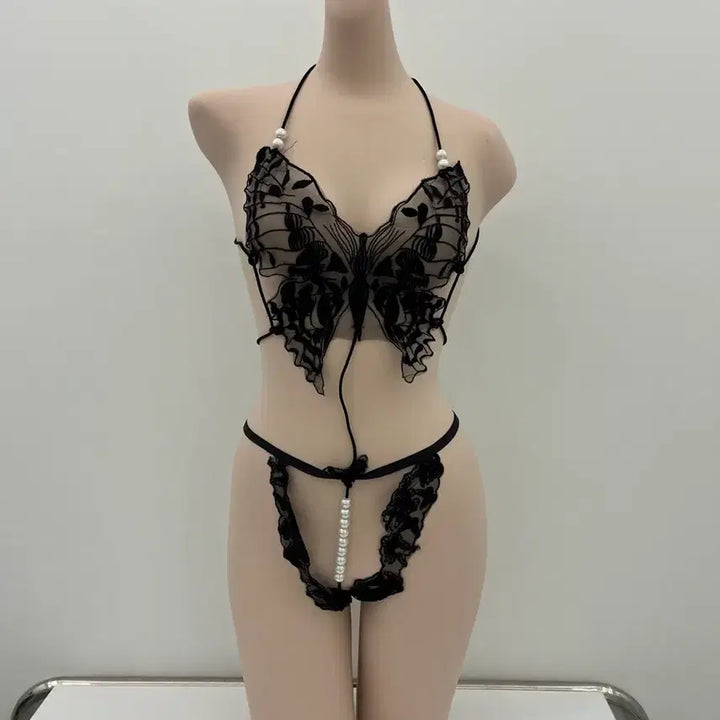 [BUNJANG] Black Lace Lingerie and Robe Set / 블랙 레이스 란제리 + 로브 세트