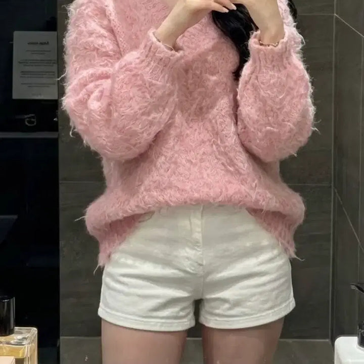 [BUNJANG] Pink Angora V-neck Knit Sweater / 핑크색 브이넥 앙고라 니트