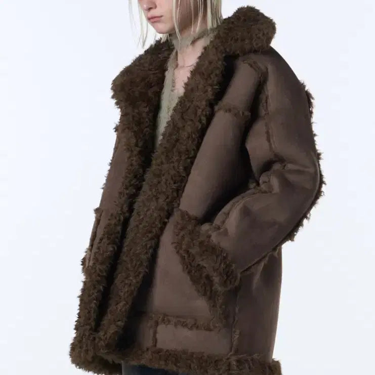 [BUNJANG] Ordinary Holiday Shearling Single Coat Brown / 오디너리홀리데이 시어링 싱글 코트 브라운 무스탕 뽀글이 퍼코트 무스탕